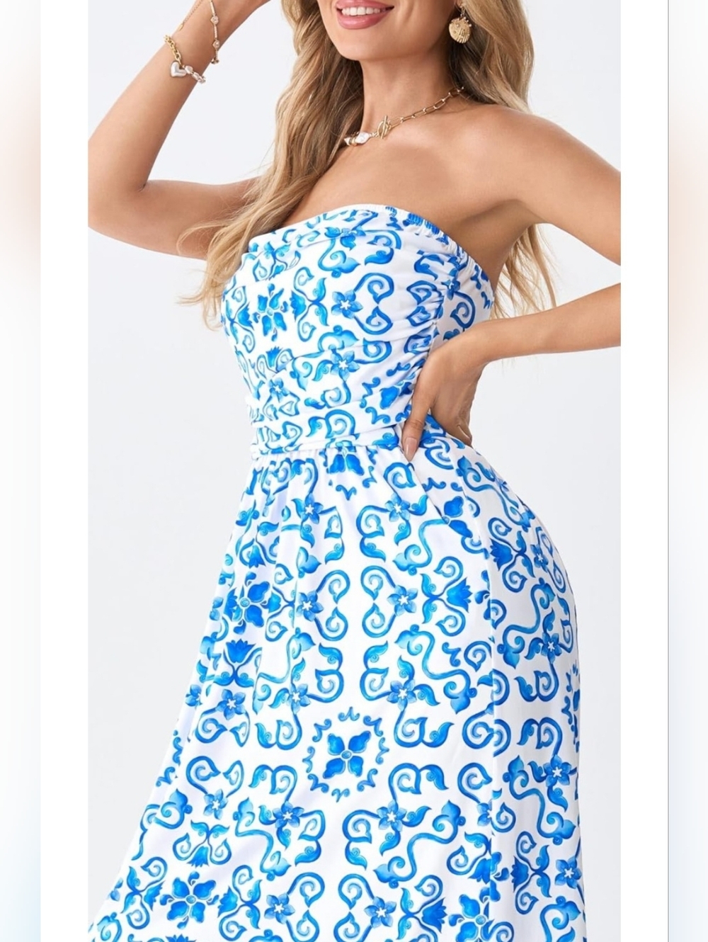 Strapless Blue White Floral Maxi Dress Size 12 Boho Summer Vacation Beach - Picture 3 of 5
